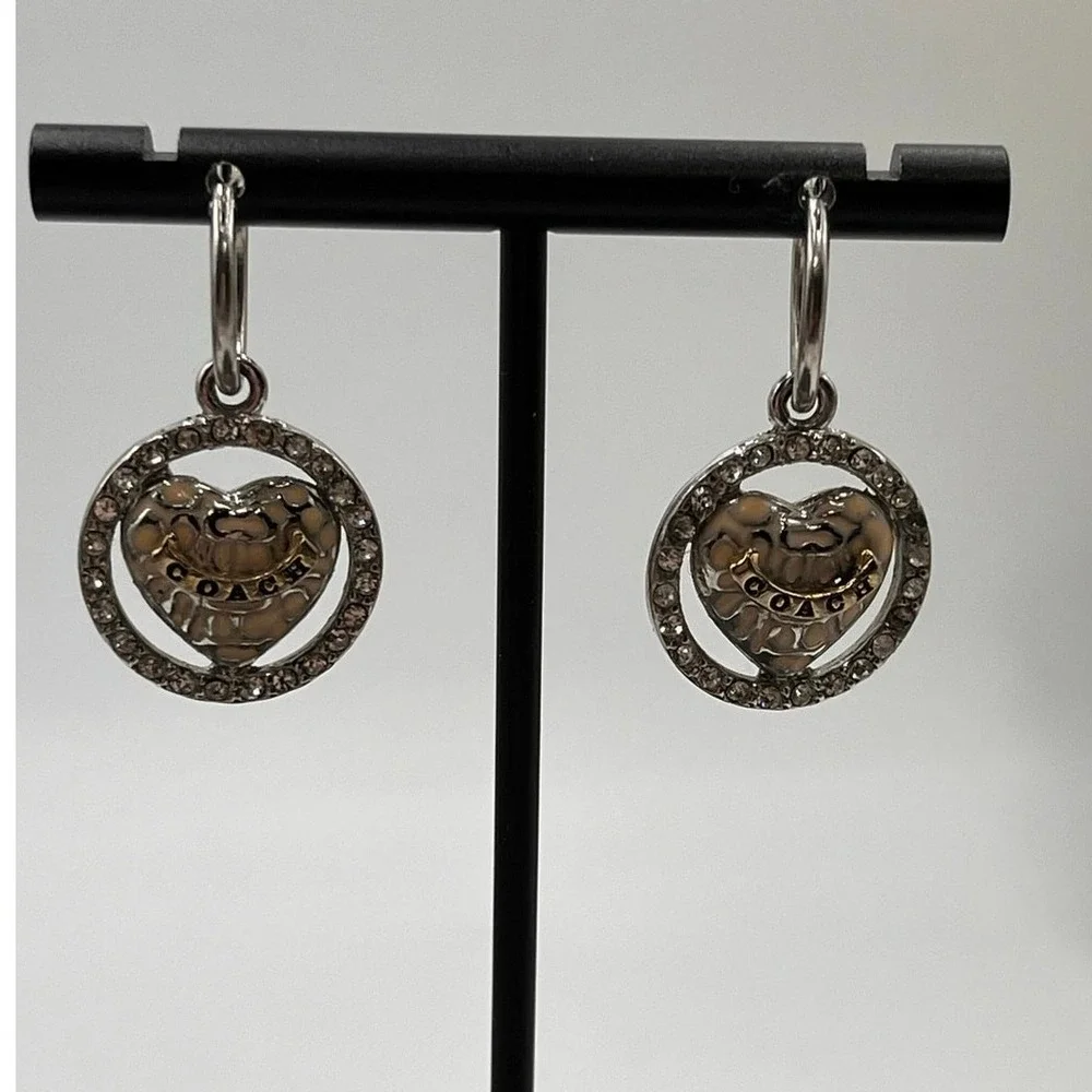 Coach Cream Enamel Logo C's Branded Heart Small Hoop Dangle Earrings